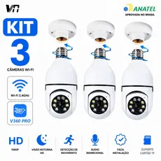 Kit 3 Câmeras Segurança WiFi 2.4G 360 Graus Encaixe Lampada App PTZ Full HD Visão Noturna