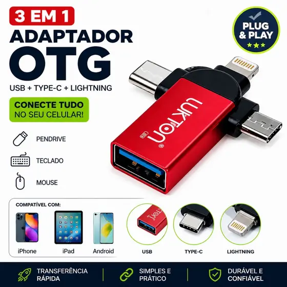 Adaptador OTG 3 em 1 USB Type-C Lightning V8 Conecte Pendrive Mouse Teclado em iPhone iPad e Android