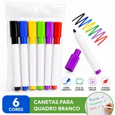 Kit 6 Cores Caneta para Quadro Branco Apagável Escrita Suave Papelaria Escolar