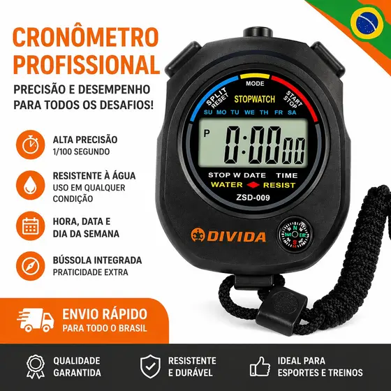 Cronômetro Digital Profissional 1/100s Com Alarme Relógio Esportivo De Mão