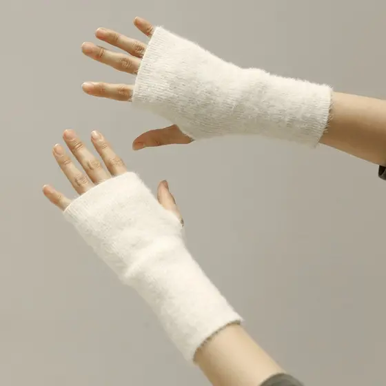 Versão coreana sem dedos primavera outono fino estiramento de pelúcia malha meio dedo luvas estudante feminino inverno f