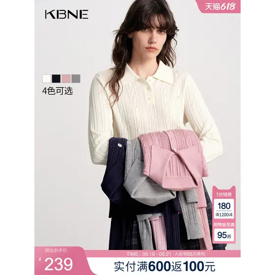 K KBNE Lã Misturada polo Gola Torcida Malhas Femininas 2026 Primavera Novo Estilo Branco Top de Malha de Manga Comprida