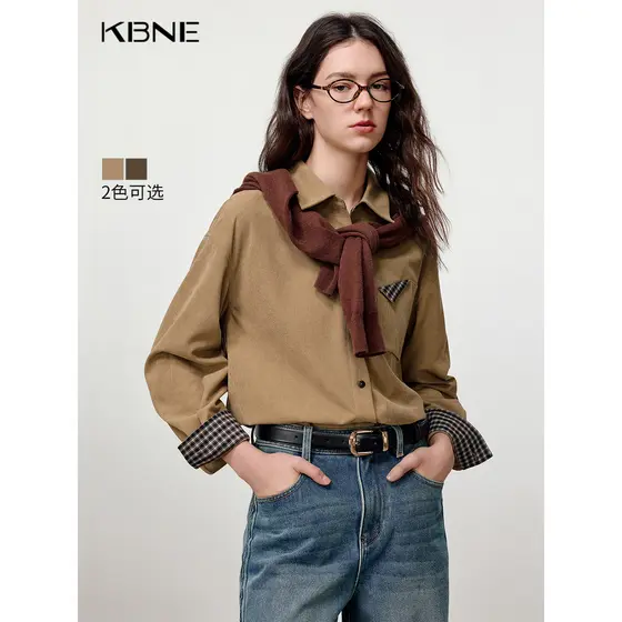 K KBNE Retro costura fina Pit Strip veludo camisa feminina 2025 inverno novo estilo francês camisa de manga comprida top