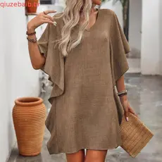 R Decote V Para, Linho, Vestidos Casuais Fluidos