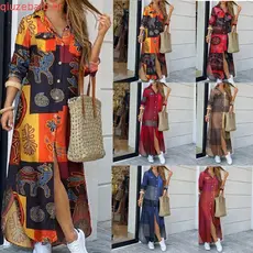 Vestido Longo Feminino Verão Moda Casual Solto Manga Comprida Csa Vestidos Roupas Femininas
