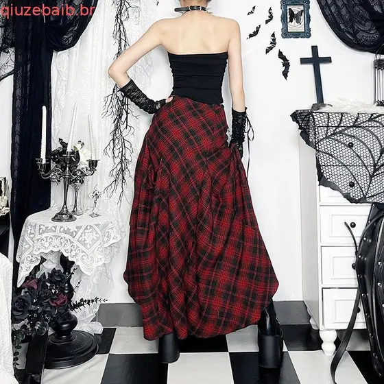 Primavera novo estilo estilo estilo escuro saia xadrez novo xadrez vermelho Irregular ajustável mais usar meia sa