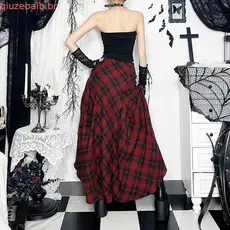 Primavera novo estilo estilo estilo escuro saia xadrez novo xadrez vermelho Irregular ajustável mais usar meia sa