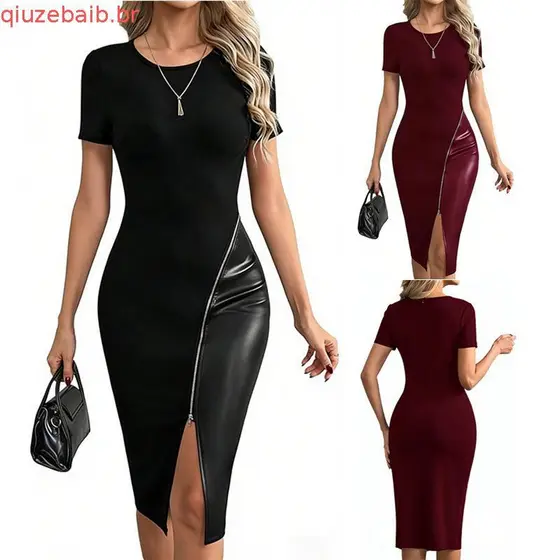 Vestido de manga curta com decote redondo e zíper