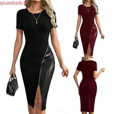 Vestido de manga curta com decote redondo e zíper