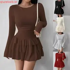 Mulheres outono inverno cor sólida magro-ajuste mais magro olhar temperamento vestido de manga comprida feminino