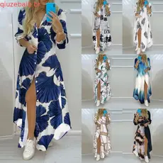 Vestido Feminino Longo Solto Listrado Com Estampa E Botões Casual