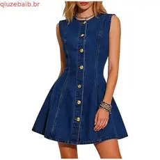 Bolso botão medição novo estilo roupas femininas 2026 europeu americano lavado sem mangas vestido jeans dois ajuste fino