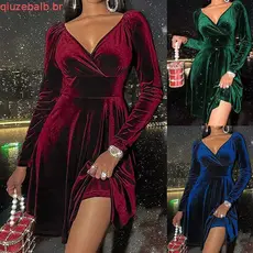 Vestido Feminino De Veludo Com Decote Em V Elegante Temperamento Fino Adequado Para Ir À Praia