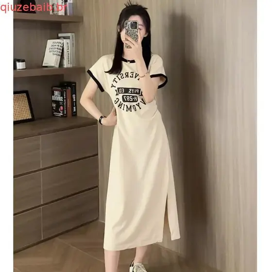 Tamanho grande roupas femininas cor-bloqueando puro algodão cseta vestido verão pequeno gordura mm capa barriga mais