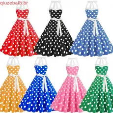 Elegante 50s 60s Halter Vintage Vestido De Festa De Verão Feminino Sem Alças Dot Print Pinup Rockabilly Grande Balanço