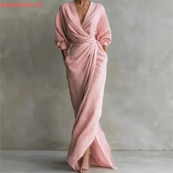 V-neck Dress Lightweight Stretchy Women’s V Neck Wrap Maxi with Pockets 3/4 Sleeve Ruched Bodycon Long for Cocktail Pa