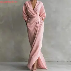 V-neck Dress Lightweight Stretchy Women’s V Neck Wrap Maxi with Pockets 3/4 Sleeve Ruched Bodycon Long for Cocktail Pa