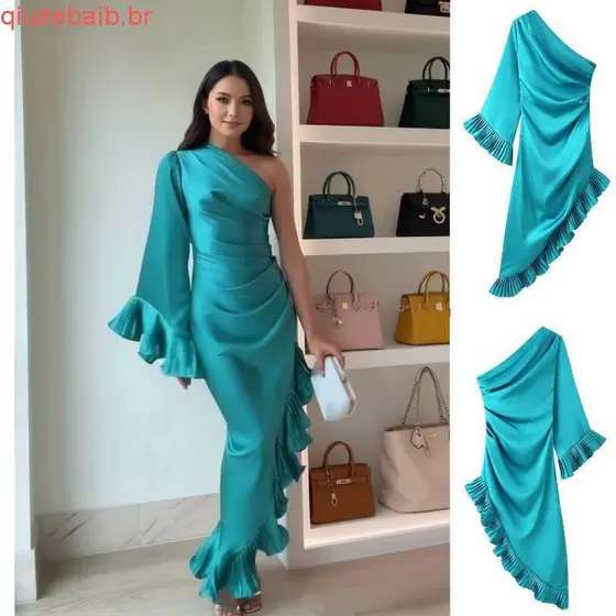 ZA Primavera Slim-Fit Babados Ombro Inclinado Vestido Assimétrico de Manga Única