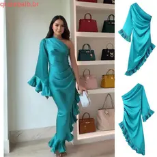 ZA Primavera Slim-Fit Babados Ombro Inclinado Vestido Assimétrico de Manga Única