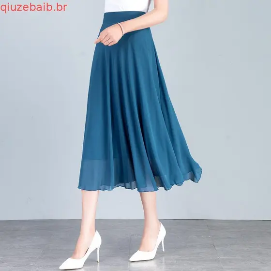 [Little Otaku Girl] 2026 Verão Lago Azul Cintura Alta A-Line Chiffon Saia Feminina All-Match Cor Sólida Tamanho Grande D