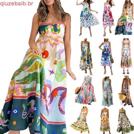 [Envio en 24 horas] 4 Cores 2023 Elegante Imprimir Vestido Longo Colorido Feminino Cintura Alta Spaghetti Strapless Sex