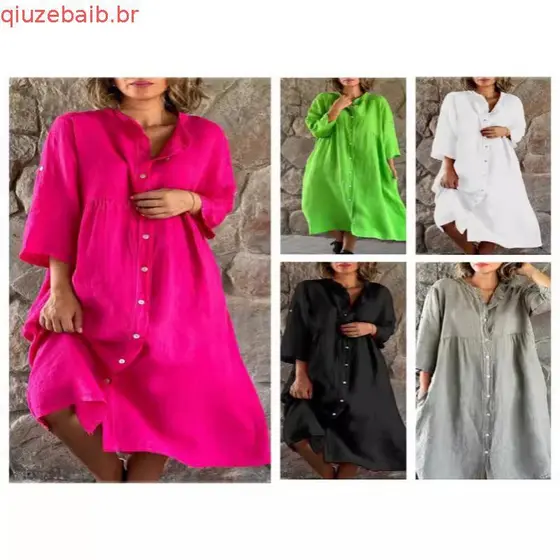 Moda Casual Algodão Linho Midi Vestido Mulher 2024 Summer White Loose Beach Buttons Maxi Vestidos Para Mais Tamanho