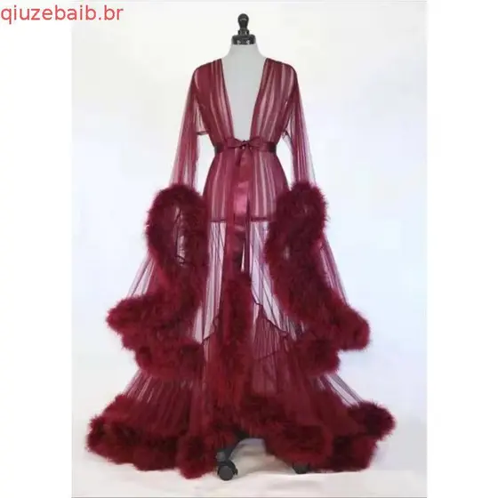 Vestido Longo Plus Size Fantasia Plumas Manga Sino Cauda Chiffon Elegante Festa S-XXXL