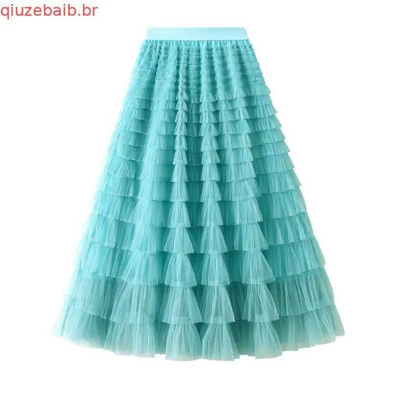 [14 Cores] ANGEL Moda Saia midi Feminina De Malha Cor Sólida Coreana Elástica De Cintura Alta Linha A Tutu Tulle Longa