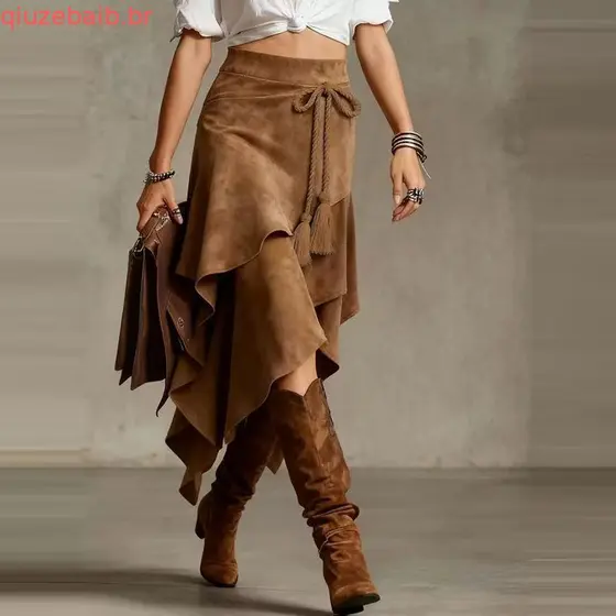 Saia De Vaqueira Ocidental De Cintura Alta Camurça Assimétrica Vintage Fluida Boho Midi Para Mulheres