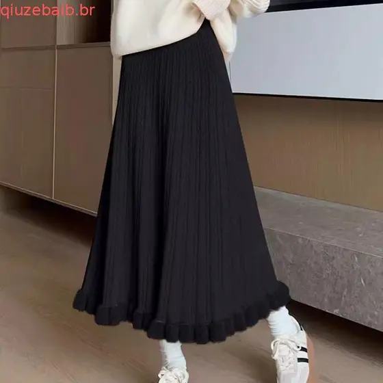 K saia de malha inverno engrossado feminino outono inverno pequena linha a lã guarda-chuva saia casaco de inverno saia