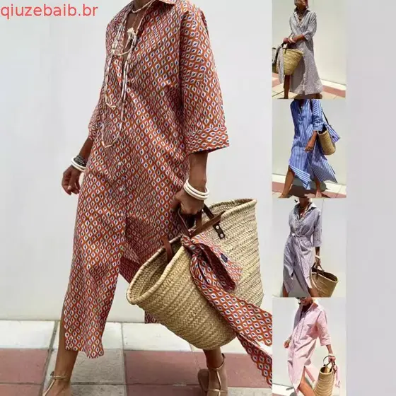Vestido feminino outono manga de cinco pontos listrado ambos os lados fenda csa estilo solto elegante saia de comprim