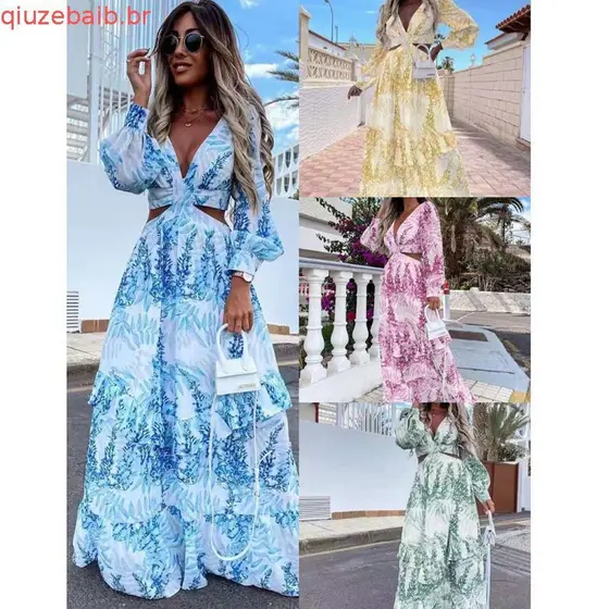 Mulheres Impressão Maxi Vestido Moda Boho Vestidos Casuais Verão Com Decote Em V Manga Curta Praia De Festa Elegante Par