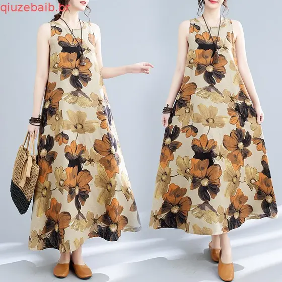 Boho Plus Size Vestido De Linho De Algodão Para Mulheres Verão Sem Mangas Estampado Longo Solto Casual G