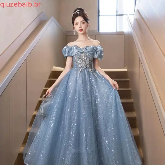 Vestido De Noite Azul Sem Ombros , Novo Modelo , Sofisticado , Luxuoso , Requintado , Luxo Leve , Nicho , Para Anfitrião