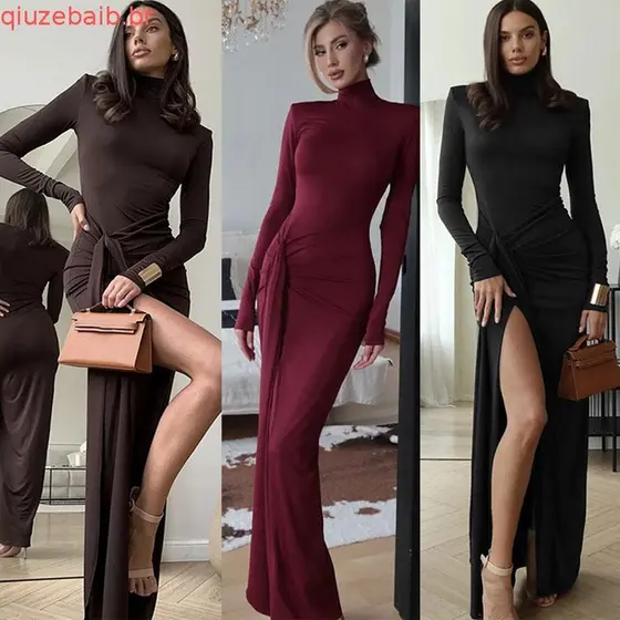 Moda Feminina Europeia e Americana Outono/Inverno 2026 Vestido Justo de Manga Longa com Gola Alta e Cinto na Cintura QVC