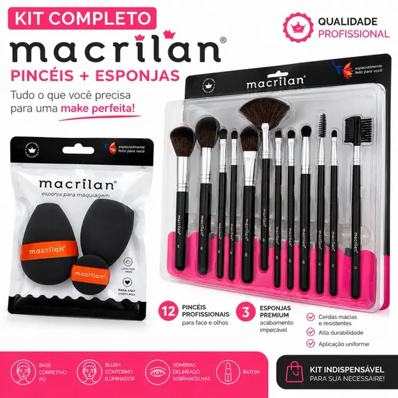 Kit Macrilan Profissional 12 Pincéis + Trio de Esponjas para Maquiagem Base Pó Corretivo Blush