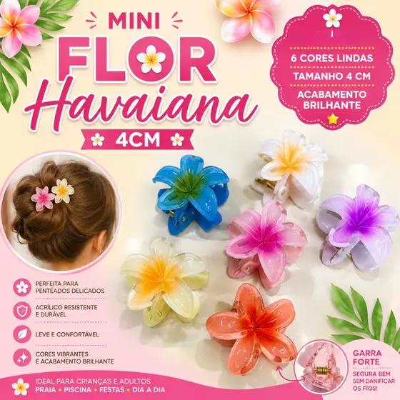 Presilha de Cabelo Flor Havaiana 4cm e 6cm Mini Piranha Prendedor Garra Infantil Feminina Colorida