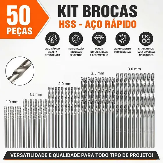 Kit 50 Brocas Aço Rápido HSS 1mm a 3mm Para Metal Madeira e Plástico
