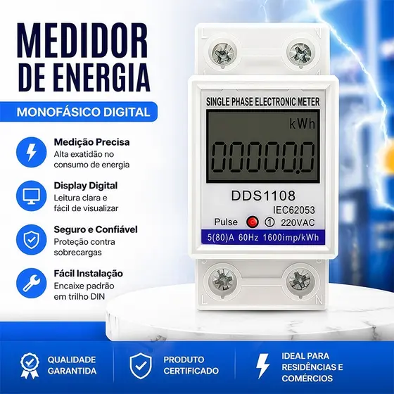 Medidor de Energia Monofásico 220V 80A Trilho Din Consumo Kwh Digital LCD para Residência