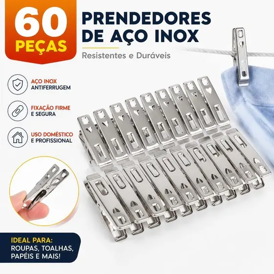 Kit 20/40/60 Pregador Roupa Inox Super Resistente Não Enferruja Forte Varal Casa