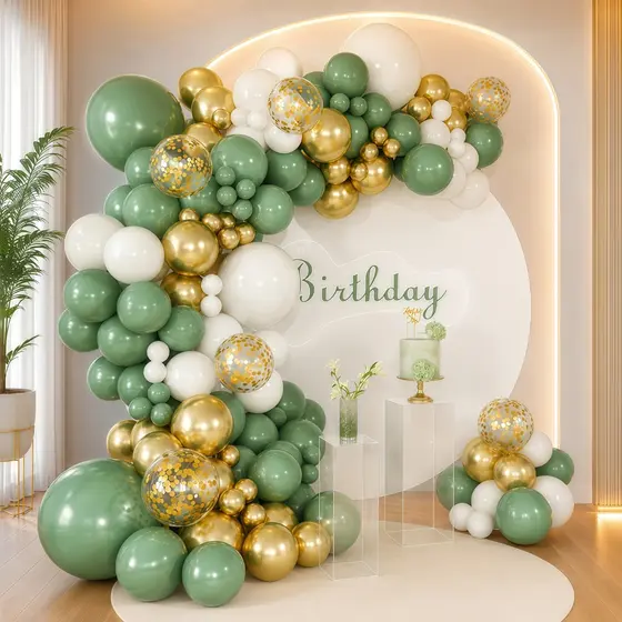 Kit 152 Balloons Plain Eucalyptus Green 10"+White 10"+Gold Chrome 5"+2 Big Gold+2 Big White Metallic