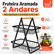 Fruteira Aramada 2 Andares para Cozinha | Cesto Organizador de Metal com Alça de Madeira | Porta Frutas, Legumes