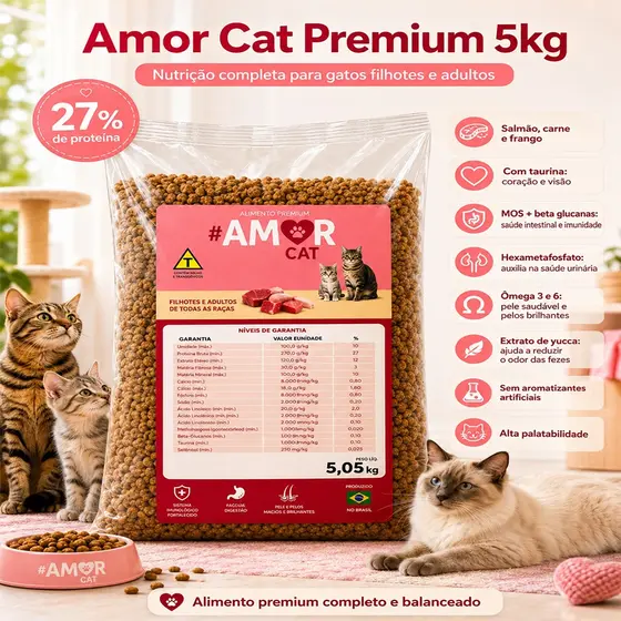 Ração Gato Premium 5kg Amor Cat Salmão Carne Frango 27% Proteina Filhote Adulto