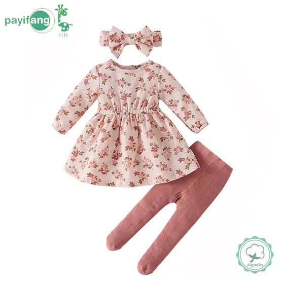 Kit 3 Peças Conjunto Vestido Bebê Menina 60% Algodão 40% Poliéster Vestido + Meia Calça + Faixa de Cabel