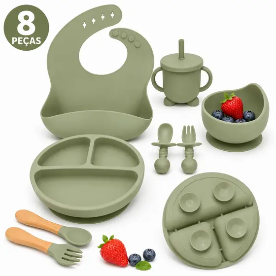 Kit Refeição Bebê Silicone 8 Peças Prato com Ventosa Babador Copo Colher Garfo