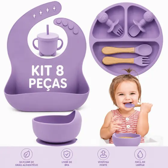 Kit Alimentação Bebê Silicone 8 Peças Prato com Ventosa Copo Babador Colher Garfo