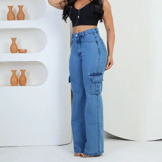 Calça Jeans Feminina Wide Leg Cargo Premium Cintura Alta Pantalona 100% Algodão