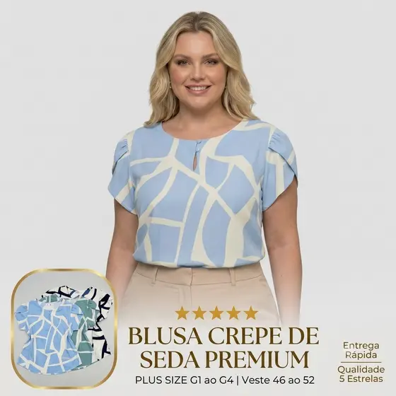 Blusa Feminina Plus Size Crepe de Seda Premium Manga Princesa Estampada Moda Evangélica Trabalho G1 ao G4 Veste 46 ao 52