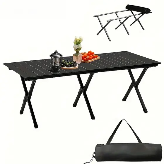 Mesa Dobrável Portatil 120X60cm Mesa de Campismo Camping Praia Acampamento Preta