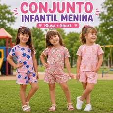 Conjunto Infantil Menina Verão Blusa Short Baby Look Estampado Flores Ursinho Coração 1 ao 8
